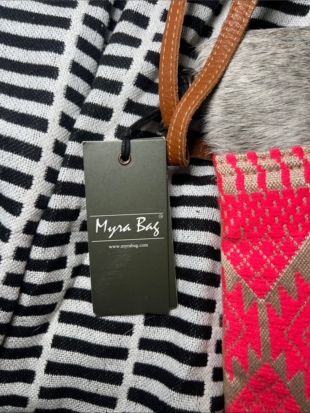Myra Bag Hot Pink Aztec Crossbody with Gray Haircalf Trim and Brown Strap - Picture 6 of 6